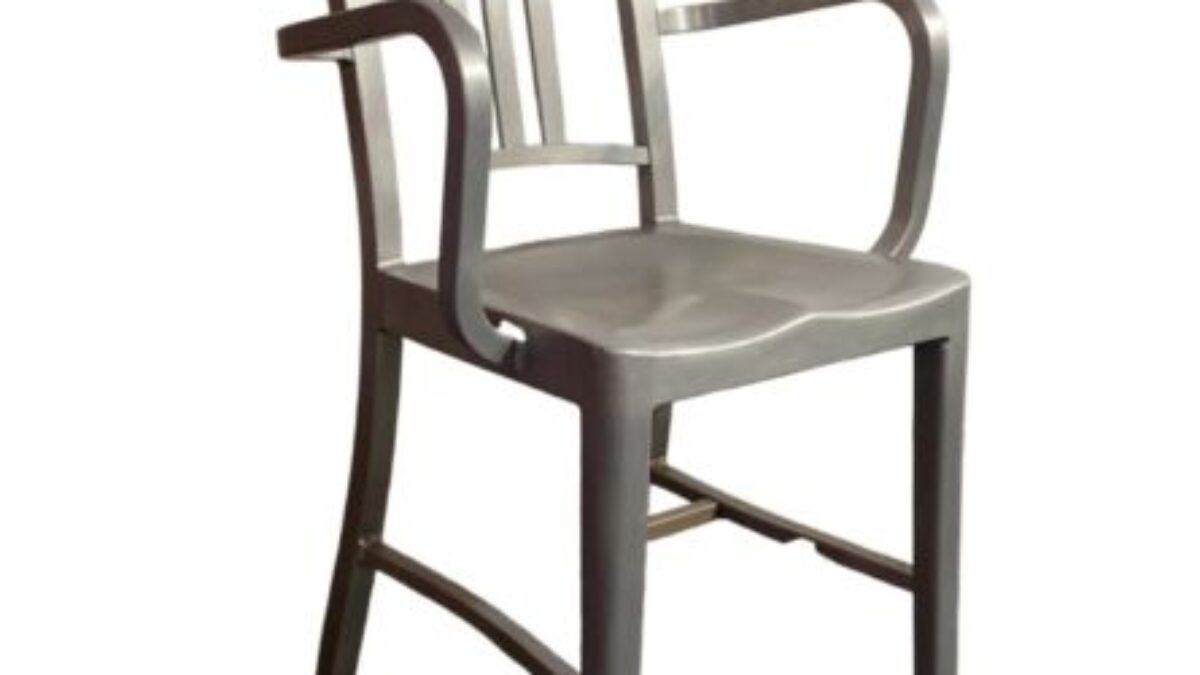 Vintage Aluminum Emeco Metwood Four Navy Arm Chairs with Brushed