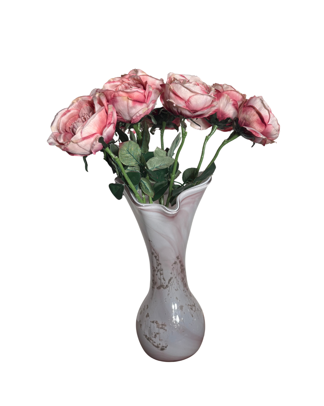 10 Pink Metallic Flake Ruffled Edge Murano Glass Vase - Image 1