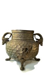 Antique Brass & Copper Figural Ram Head Handles Claw Feet Vessel Jardinière / Stove Humidifier - Image 2