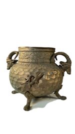 Antique Brass & Copper Figural Ram Head Handles Claw Feet Vessel Jardinière / Stove Humidifier