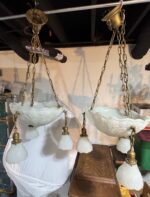 Pair of Art Deco Neoclassical Revival Chandeliers with UV Reactive Glass Bowl Shades & Pendant Drops - Image 5