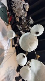 Pair of Art Deco Neoclassical Revival Chandeliers with UV Reactive Glass Bowl Shades & Pendant Drops - Image 15
