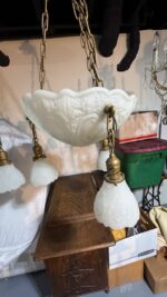 Pair of Art Deco Neoclassical Revival Chandeliers with UV Reactive Glass Bowl Shades & Pendant Drops - Image 34