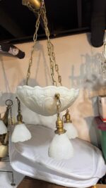 Pair of Art Deco Neoclassical Revival Chandeliers with UV Reactive Glass Bowl Shades & Pendant Drops - Image 49