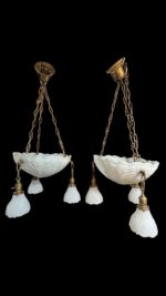 Pair of Art Deco Neoclassical Revival Chandeliers with UV Reactive Glass Bowl Shades & Pendant Drops - Image 2