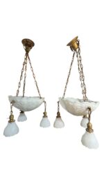 Pair of Art Deco Neoclassical Revival Chandeliers with UV Reactive Glass Bowl Shades & Pendant Drops