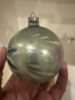 Vintage Jumbo Glass Christmas Ornament Hand Painted Mouth Blown MCM Flower Teal - Image 2