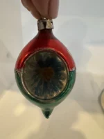 Antique Miniature Glass Christmas Ornament Feather Tree Drop Red Green Indent - Image 2