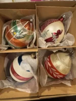 Vintage Jumbo Teardrop Glass Christmas Ornaments Set 4 Box 6” Mica Hand Painted - Image 14