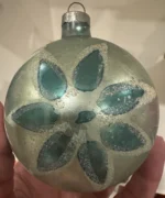 Vintage Jumbo Glass Christmas Ornament Hand Painted Mouth Blown MCM Flower Teal - Image 4