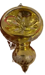 Vintage Glass Christmas Ornament Gold Double Ball Indent Drop Atomic MCM - Image 4