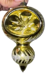 Vintage Glass Christmas Ornament Gold Double Ball Indent Drop Atomic MCM