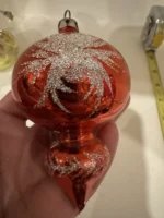 Vintage Glass Christmas Ornament Red Double Ball Indent Drop Atomic MCM - Image 7
